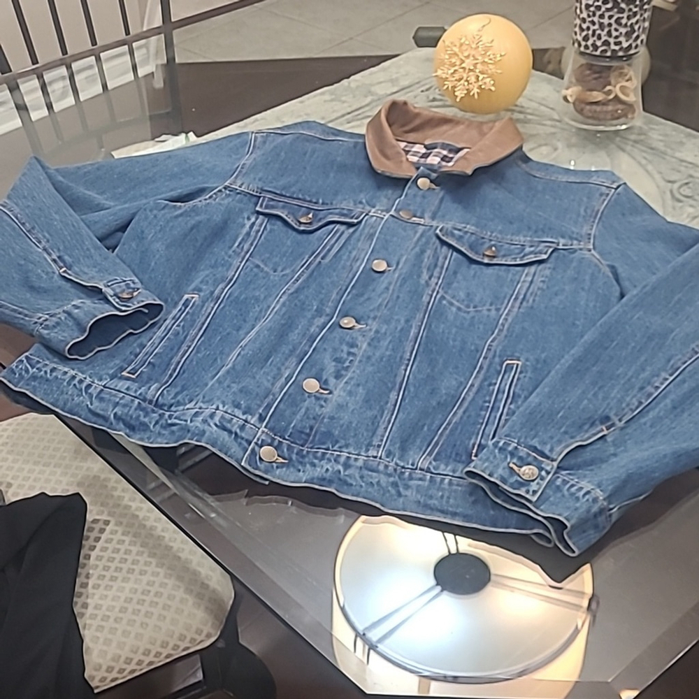 Mack Trucker Denim Jacket Plaid Lined Denim With Brown Leather Trim XL